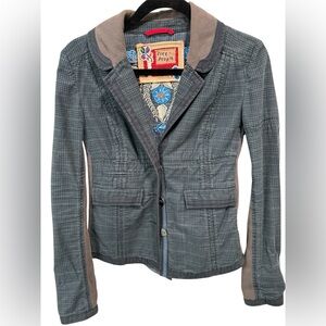 FREE PEOPLE Blazer Jacket Embroidery Blue Flowers Teal Plaid Womens Size 8